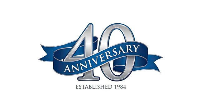 Silver 40 anniversary emblem with blue ribbon.