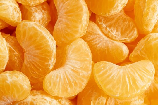 Fresh mandarin slices stacked on a bright background