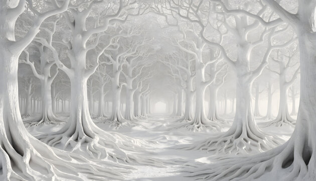 Ethereal white sculpted forest corridor. Monochrome dreamscape and fantasy background. Surreal white trees with exposed roots forming an arched pathway in fog