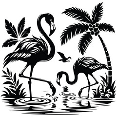 Naklejka premium Two Flamingos in Tropical Landscape Silhouette Illustration