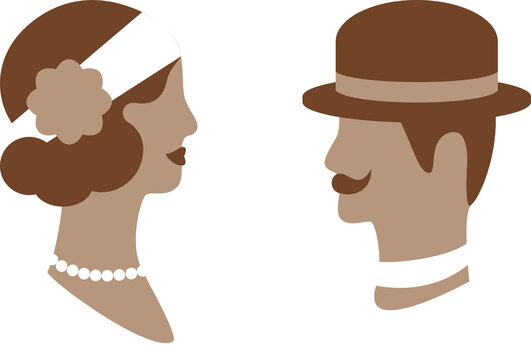 Transparent vintage 1920s flapper woman and gentleman couple profile icon for retro theme party invitation and apparel design