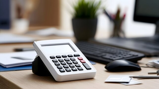 White card reader on wooden desk with keyboard  mouse  and office supplies in soft focus background