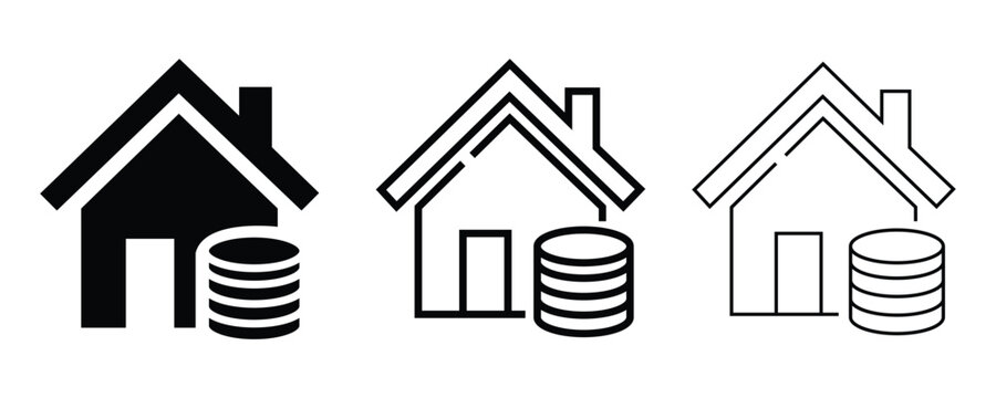 Set of Real Estate Money Icons showing House and Coin Stack Property Price Mortgage Loan Home Investment and Housing Tax Symbol in Outline and Black Glyph Vector, vector, illustration, icon.