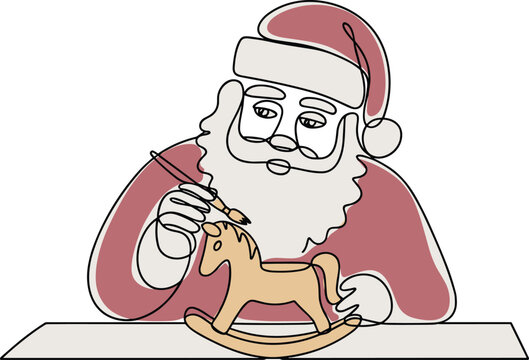 Santa Claus painting a wooden rocking horse toy in workshop with a brush minimalist continuous single line art vector illustration.