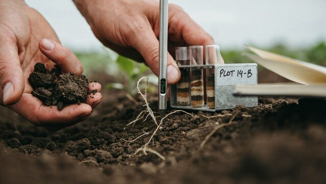 Close-up of a soil pH test using a probe and sample container in farmland, representing agricultural science, soil analysis, crop health and precision farming.