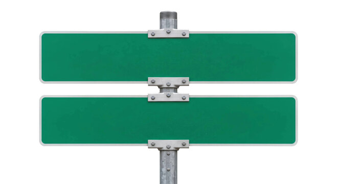 Two blank green street signs mounted on a metal pole for customization