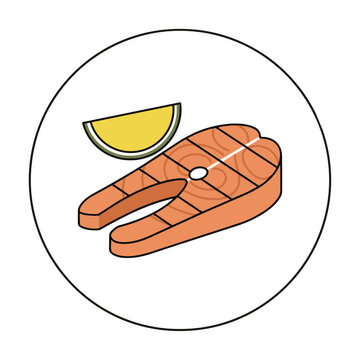 Minimalist flat design icon of grilled salmon fillet with a lemon wedge on white. Healthy seafood concept