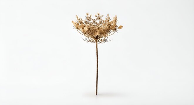 single dried wildflower, delicate dried petals and thin natural stem, muted beige and warm brown tones, subtle imperfections, isolated object, centered composition, clean white background, soft diffus