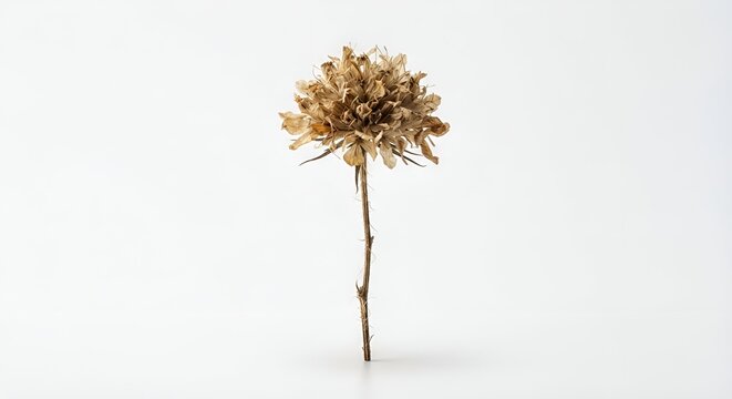 single dried wildflower, delicate dried petals and thin natural stem, muted beige and warm brown tones, subtle imperfections, isolated object, centered composition, clean white background, soft diffus
