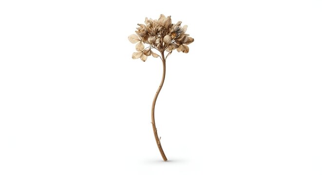 single dried wildflower, delicate dried petals and thin natural stem, muted beige and warm brown tones, subtle imperfections, isolated object, centered composition, clean white background, soft diffus