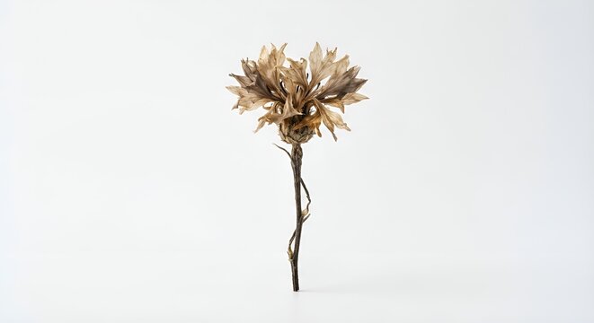 single dried wildflower, delicate dried petals and thin natural stem, muted beige and warm brown tones, subtle imperfections, isolated object, centered composition, clean white background, soft diffus