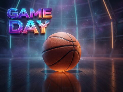 Basketball on a polished wooden court with neon stadium lighting and game day text