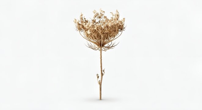 single dried wildflower, delicate dried petals and thin natural stem, muted beige and warm brown tones, subtle imperfections, isolated object, centered composition, clean white background, soft diffus