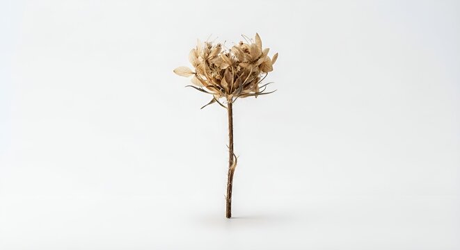 single dried wildflower, delicate dried petals and thin natural stem, muted beige and warm brown tones, subtle imperfections, isolated object, centered composition, clean white background, soft diffus