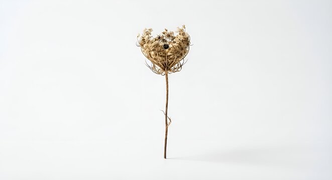 single dried wildflower, delicate dried petals and thin natural stem, muted beige and warm brown tones, subtle imperfections, isolated object, centered composition, clean white background, soft diffus