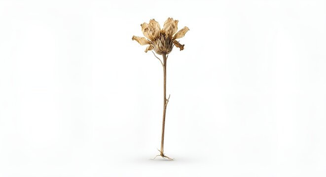 single dried wildflower, delicate dried petals and thin natural stem, muted beige and warm brown tones, subtle imperfections, isolated object, centered composition, clean white background, soft diffus
