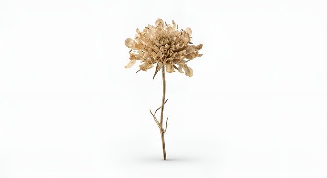 single dried wildflower, delicate dried petals and thin natural stem, muted beige and warm brown tones, subtle imperfections, isolated object, centered composition, clean white background, soft diffus
