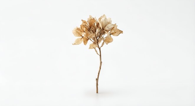 single dried wildflower, delicate dried petals and thin natural stem, muted beige and warm brown tones, subtle imperfections, isolated object, centered composition, clean white background, soft diffus