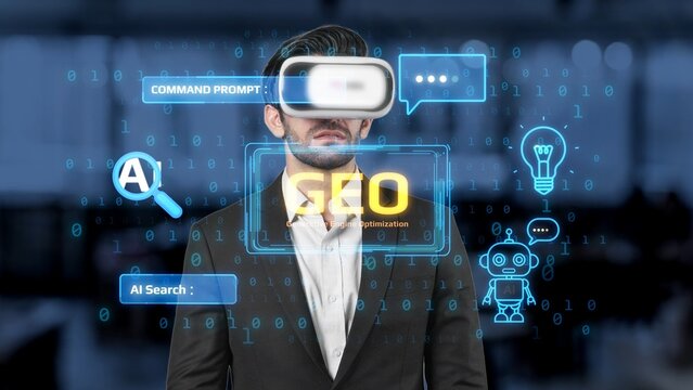 Businessman Using Virtual Reality Headset for SEO Optimization in Digital Marketing, AI, and Technology Background with Data Visualizations. Entropy.