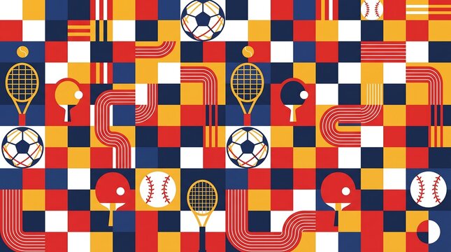 Seamless pattern with various sports equipment and running tracks