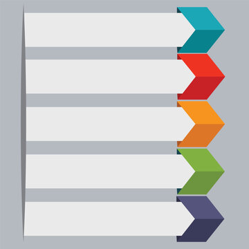 colorful 5 options arrow infographic template with blank white ribbons on gray background for business process presentation