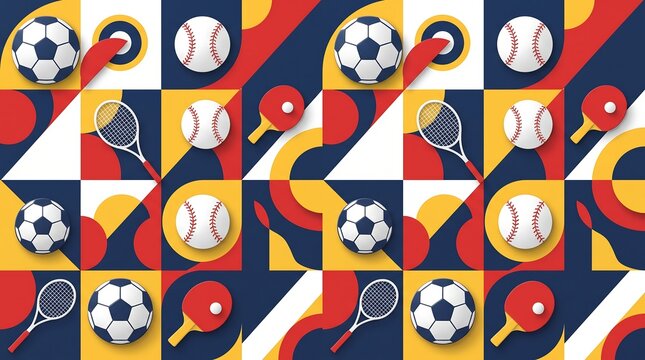 Seamless pattern with various sports equipment balls and rackets