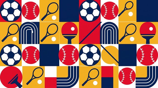 Seamless pattern with various sports equipment icons in a flat geometric style