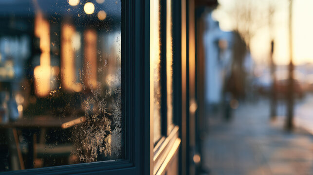Frost pattern on glass window beside softly blurred cafe storefront, warm indoor light and morning sunlight creating winter atmosphere with copy space for design use