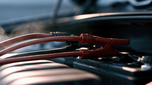 Winter car battery closeup showing red booster cable on open engine compartment, cold morning vapor, rubber texture, soft daylight reflection, and clean space