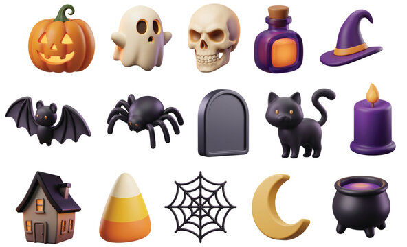 Collection of 15 cute Halloween 3D vector icons including pumpkin, ghost, skull, witch hat, bat, spider, black cat, haunted house, candy corn, spider web, moon, and cauldron.