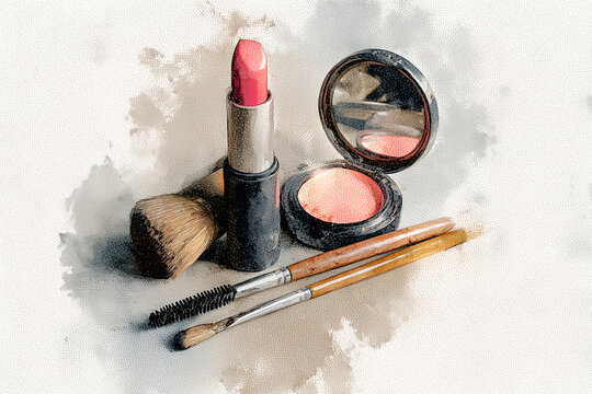 Watercolor illustration of pink lipstick, blush compact, mirror and makeup brushes on white textured background for beauty, cosmetics and fashion design