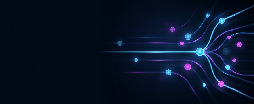 Digital network visualization with glowing blue and pink nodes connected by light trails on a dark background, representing data flow.