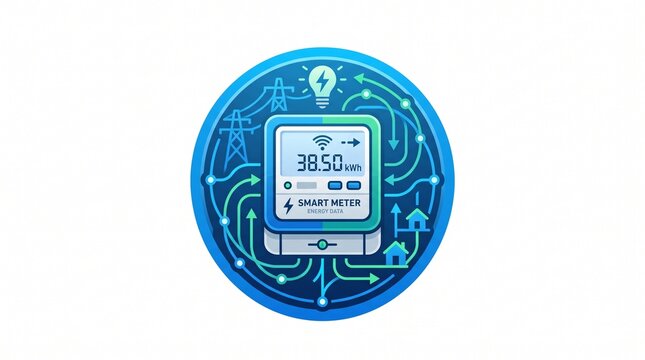 Smart electric meter icon on circuit board background, home energy monitoring illustration, digital display for electricity tracking system