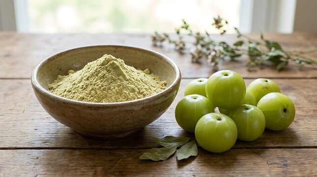 Fresh green amla fruit and healthy organic powder in a bowl on a rustic wooden table by the window light. amla powder