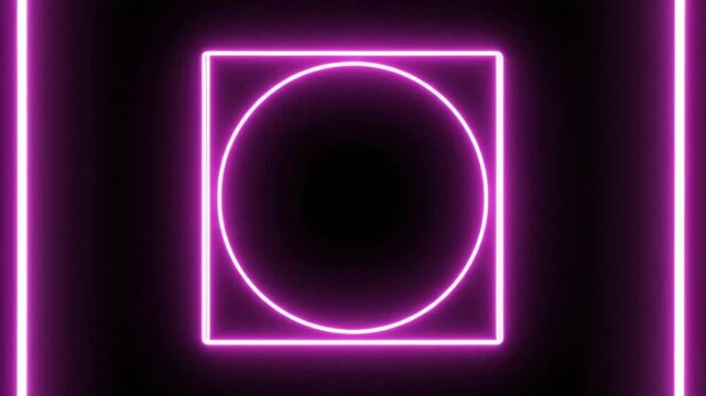 Glowing pink neon circle inside square on dark black background