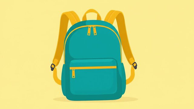 Cute 2D cartoon school backpack swaying isolated on yellow background