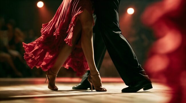 Passionate tango dancers, couple performing, dancing elegant steps on wooden dance floor with dramatic warm stage evening lighting capturing the motion of vibrant flowing red silk dress and black suit