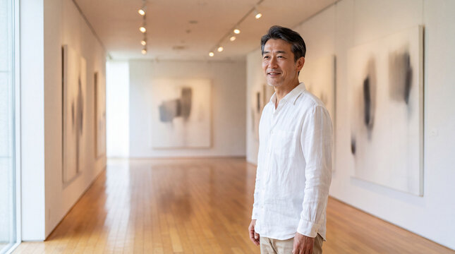 開放的な美術館の展示室で絵画を鑑賞する50代男性 | 明るい空間
