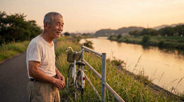夕焼け空が広がる川沿いの土手で微笑むシニアの男性 | 黄金色の光