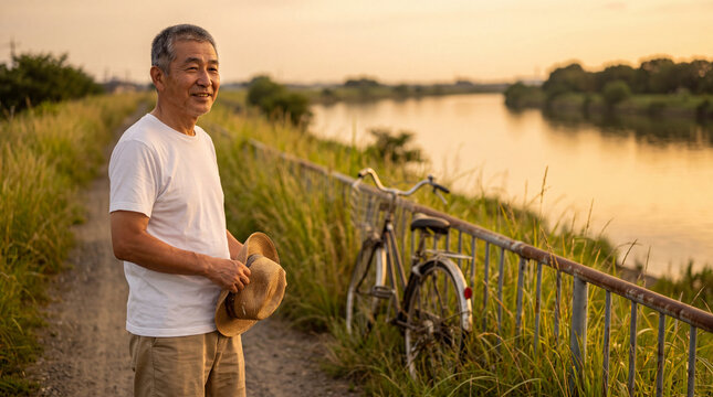 夕焼け空が広がる川沿いの土手で微笑むシニアの男性 | 黄金色の光