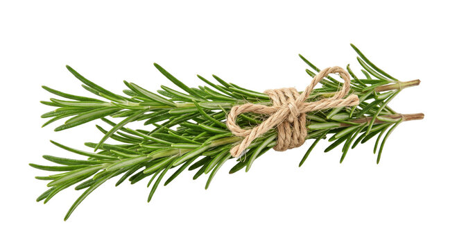 Fresh rosemary sprigs tied with twine on a clean white background