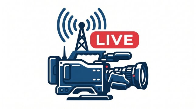 Live TV Broadcast Camera Icon, Streaming Webinar Signage, Video Reporting Graphic, Television Transmission Symbol
