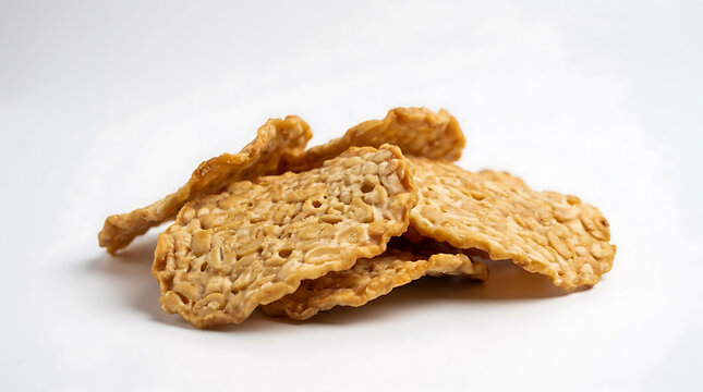 Close-up of traditional Indonesian tempeh chips on a white background.