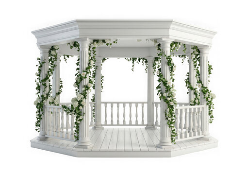White wooden gazebo with climbing roses isolated on transparent background