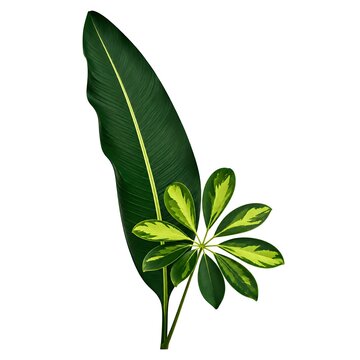 Realistic tropical banana leaf and variegated umbrella schefflera leaves composition isolated on white background