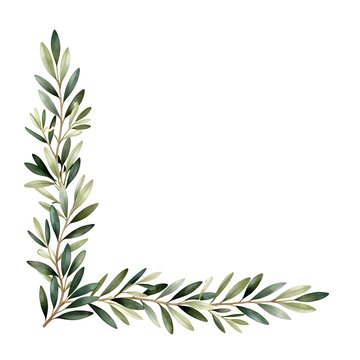 Watercolor green olive branches L-shape corner border frame design isolated on white background