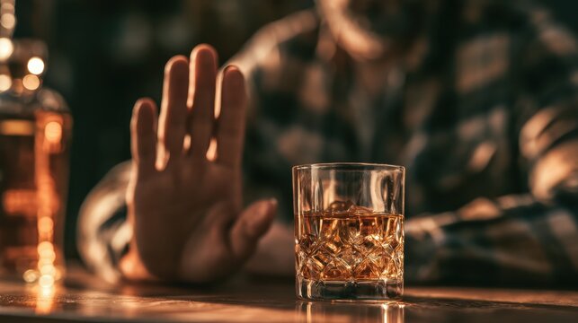 A man gestures stop with his hand next to a glass of whiskey. This visual represents sobriety, recovery, and refusing alcohol.