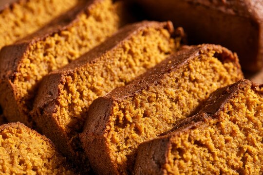 Freshly baked pumpkin bread slices on a wooden surface ready to be served
