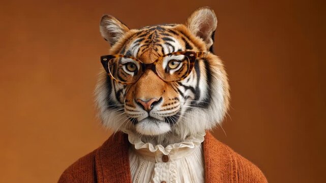 Intelligent tiger female character dressed in human clothing blinking and looking around against an orange background