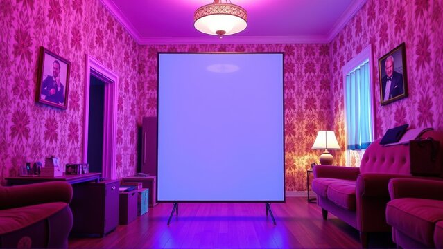 Room features pink floral wallpaper, red seating, bright screen. Lighting creates dramatic, vibrant atmosphere. Portraits adorn walls.